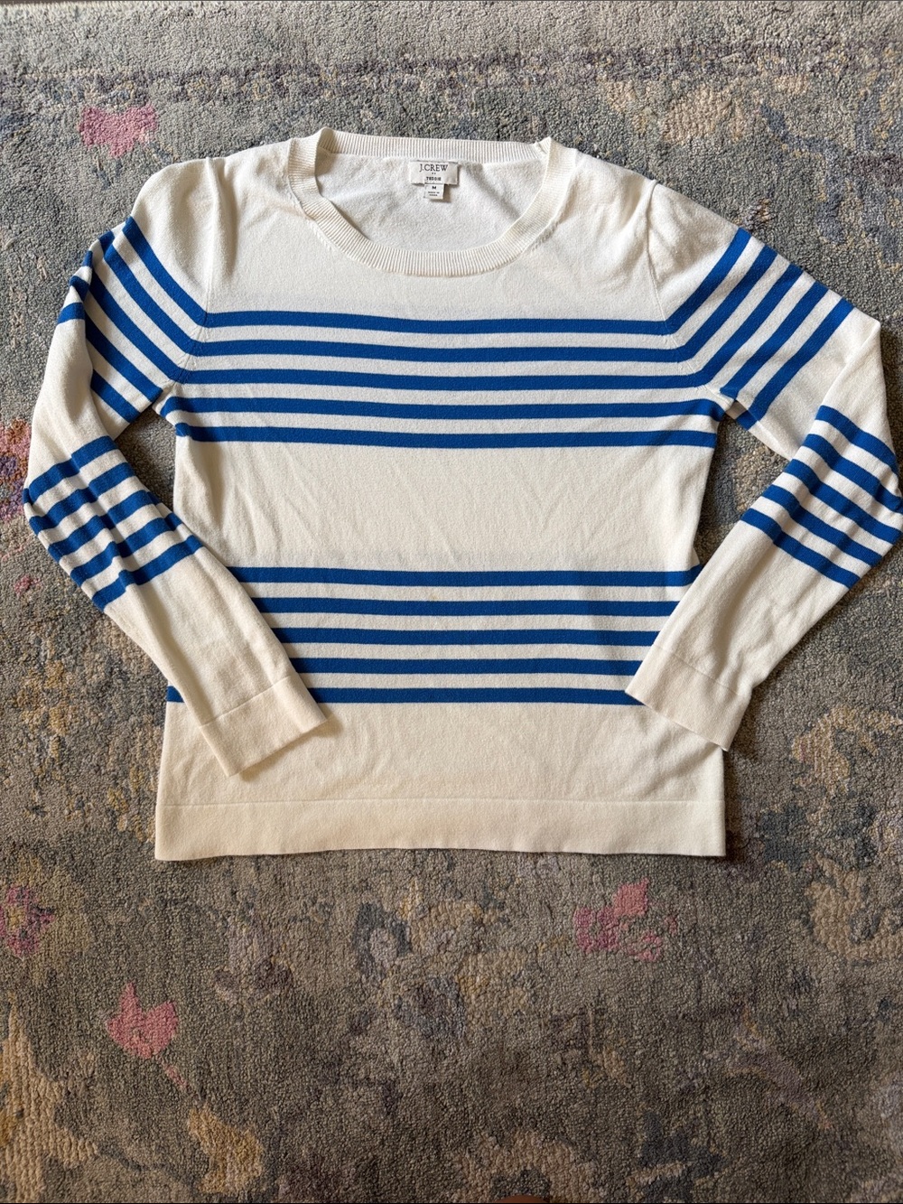 J. Crew White Crewneck Sweater with Royal Blue Stripes